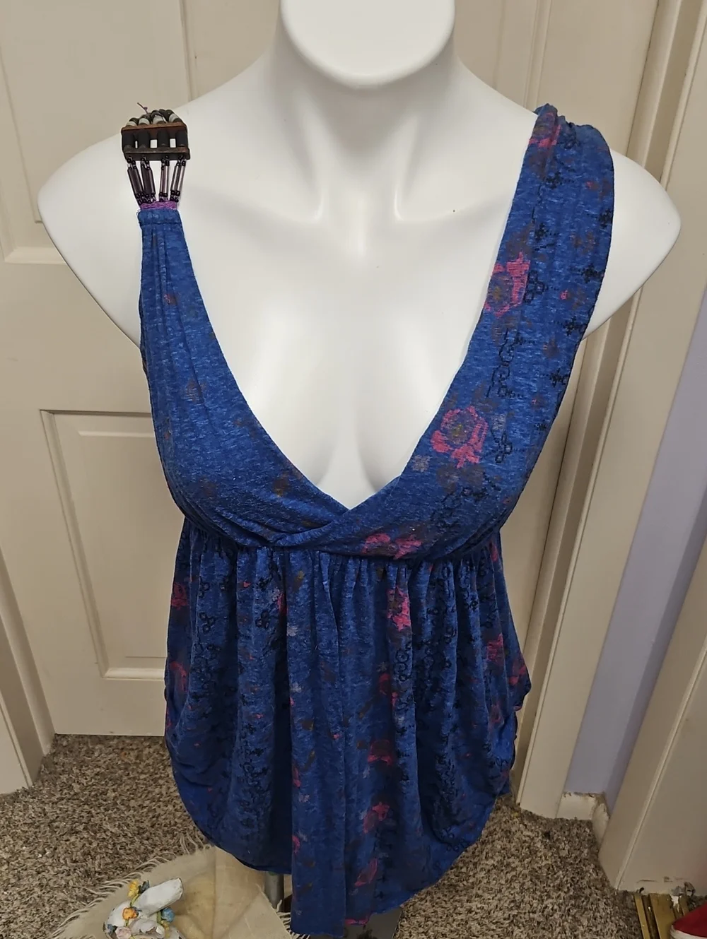 Free People  Blue Gathered Waist Tank with Metal Beads Accent